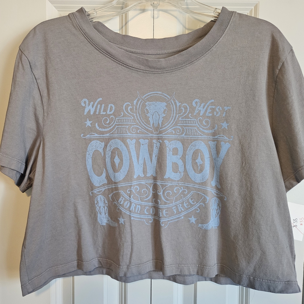 Wild West Cowboy Graphic Crop Top - Gray